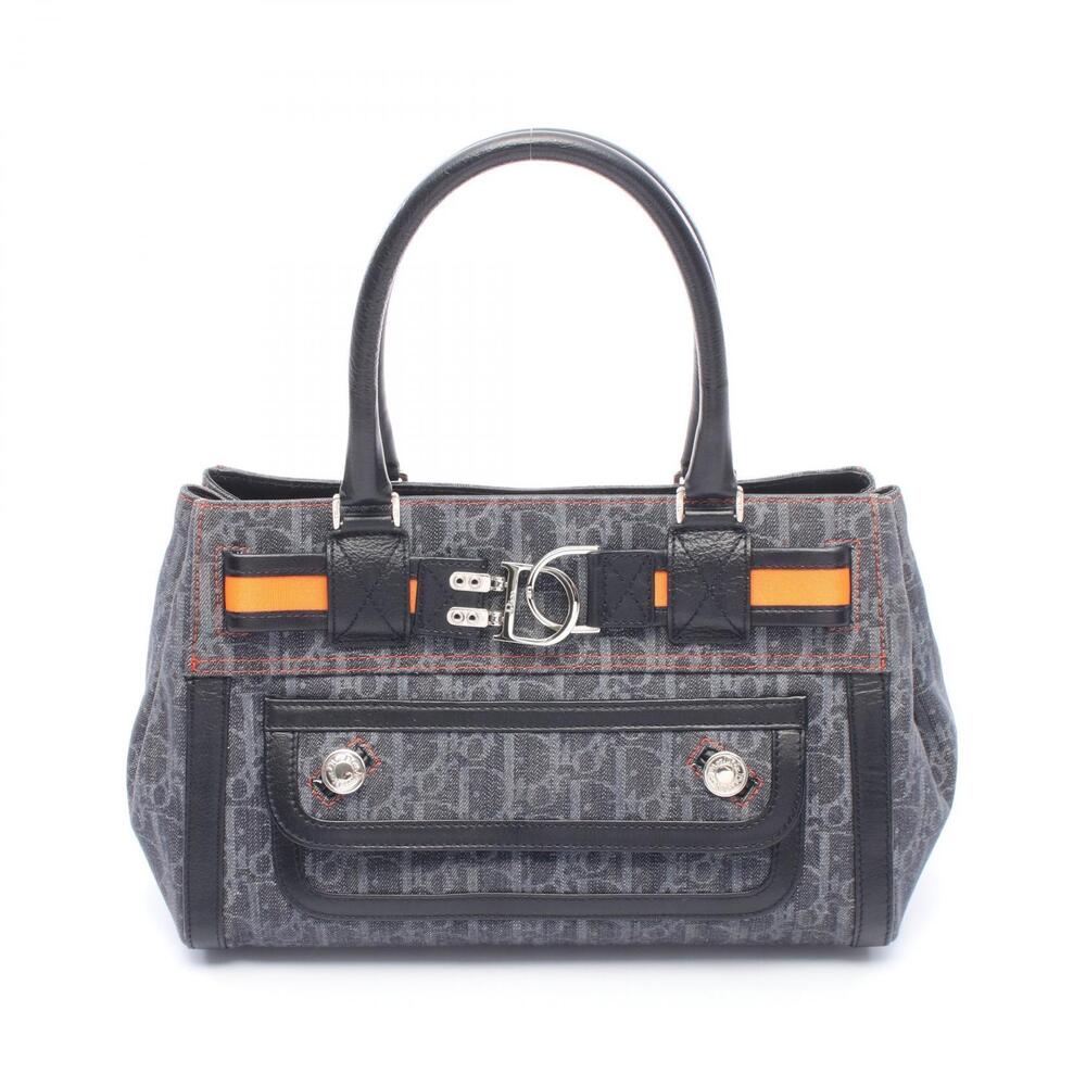 Christian Dior Flight Trotter Handbag Denim Leather Navy Blue Black Orange